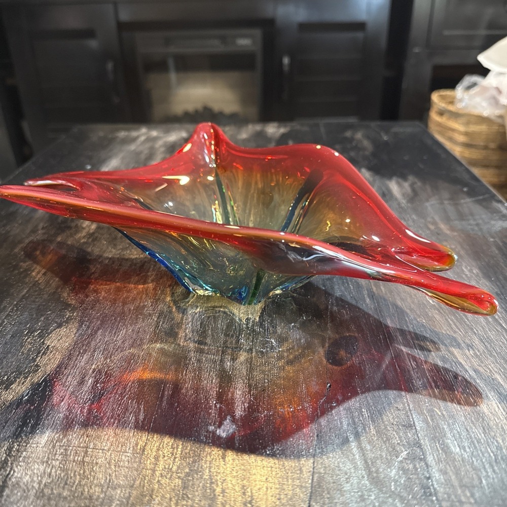 Vtg MCM Italian Murano Art Glass Rainbow Swirls Hand Blown Bowl Dish